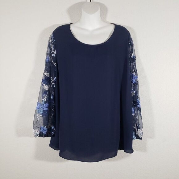 Cato Top XL Navy Blue Sheer Sleeves Floral Embroidered Fairy Office Romantic - Picture 1 of 9